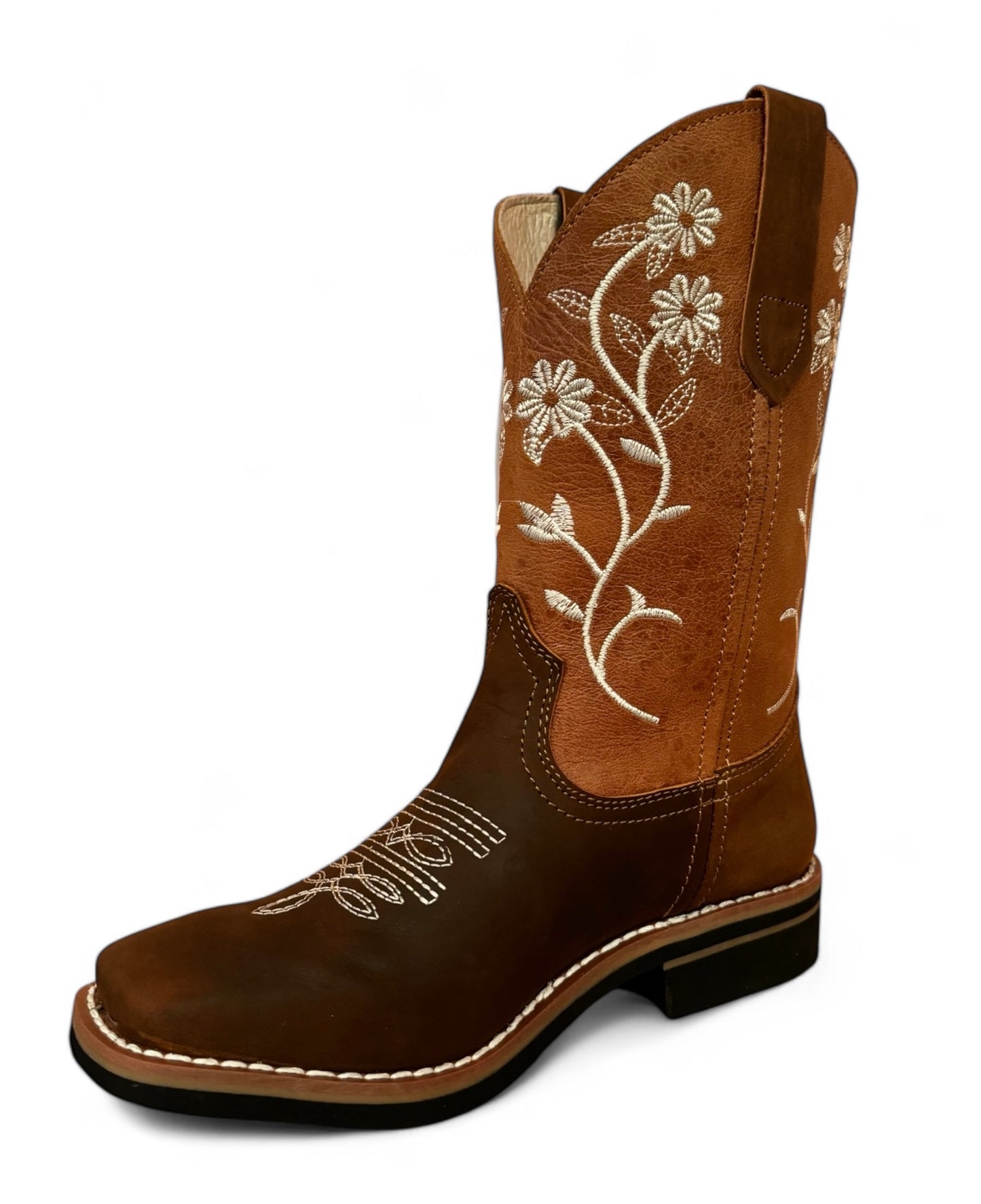 Bota Rodeo Dama Vaquera Piel Flores Elegantes Suela Vaqueta